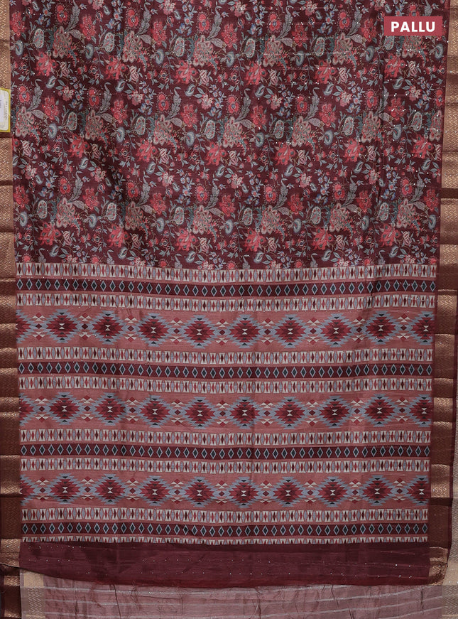 Semi tussar saree maroon with allover kalamkari prints & sequin work and zari woven border