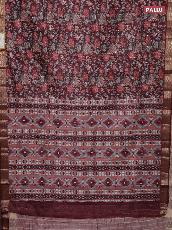 Semi tussar saree maroon with allover kalamkari prints & sequin work and zari woven border