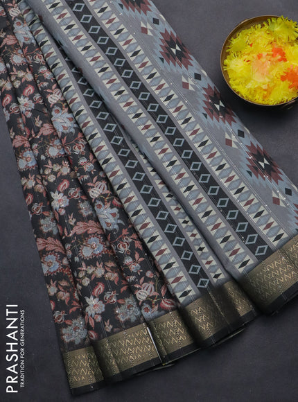 Semi tussar saree grey with allover kalamkari prints & sequin work and zari woven border