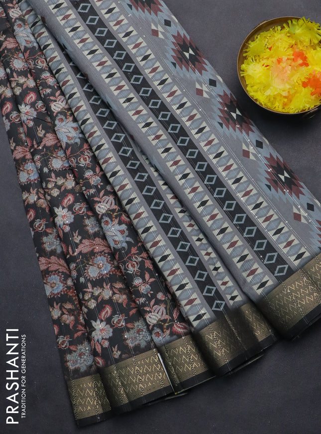 Semi tussar saree grey with allover kalamkari prints & sequin work and zari woven border