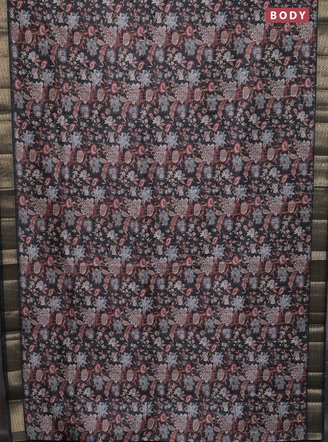 Semi tussar saree grey with allover kalamkari prints & sequin work and zari woven border