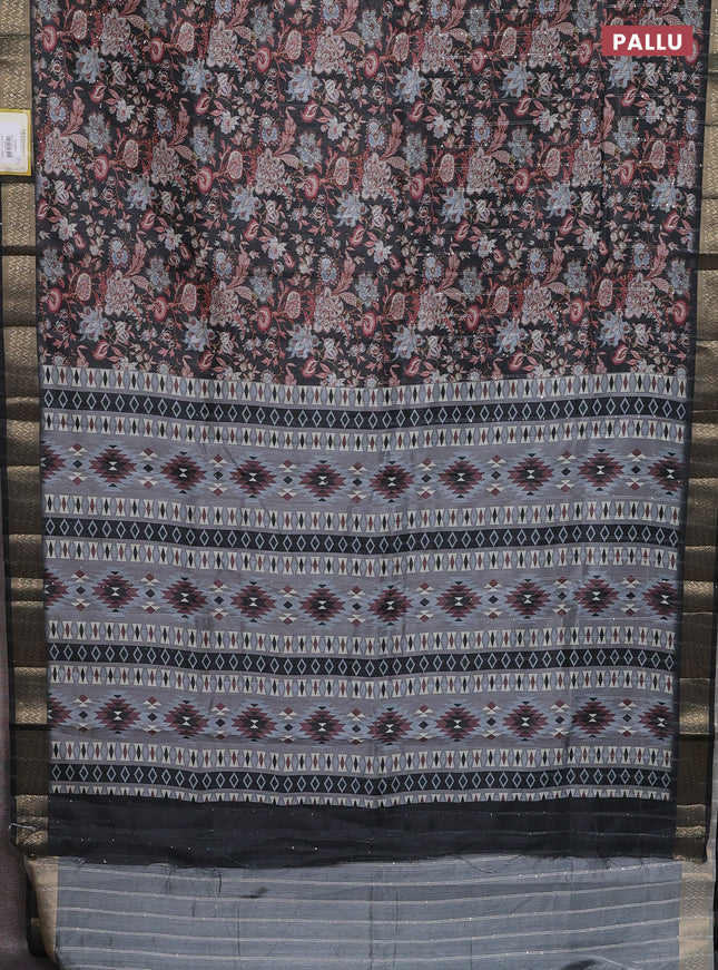 Semi tussar saree grey with allover kalamkari prints & sequin work and zari woven border