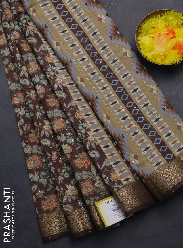 Semi tussar saree brown with allover kalamkari prints & sequin work and zari woven border