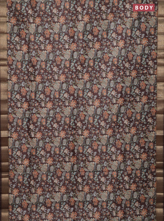 Semi tussar saree brown with allover kalamkari prints & sequin work and zari woven border