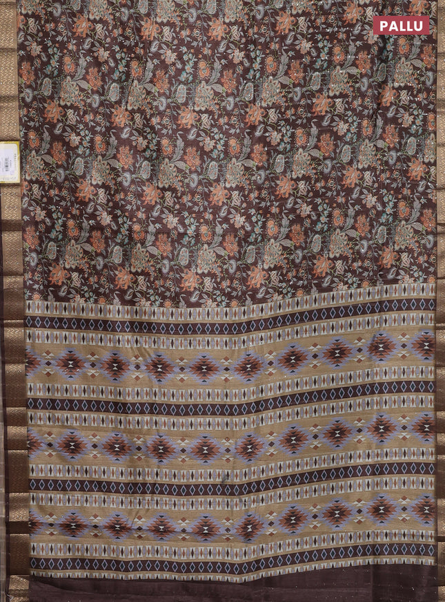 Semi tussar saree brown with allover kalamkari prints & sequin work and zari woven border