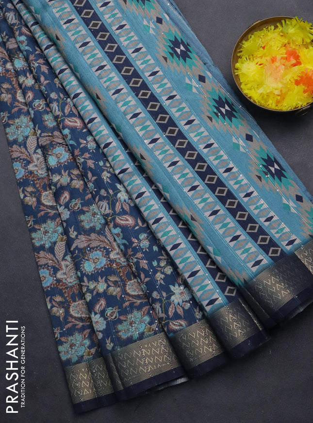 Semi tussar saree peacock blue with allover kalamkari prints & sequin work and zari woven border