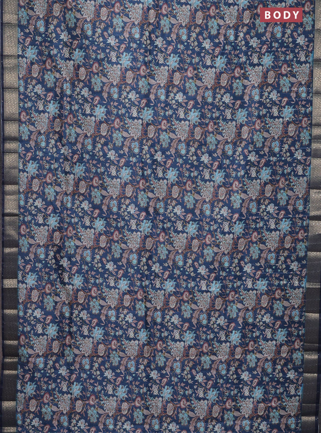 Semi tussar saree peacock blue with allover kalamkari prints & sequin work and zari woven border