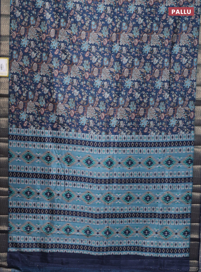 Semi tussar saree peacock blue with allover kalamkari prints & sequin work and zari woven border