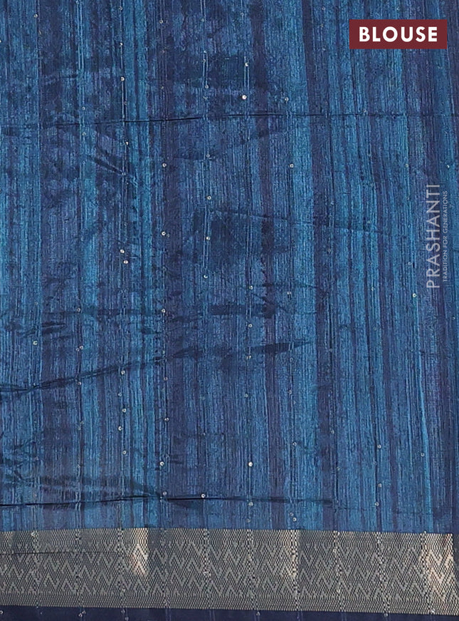 Semi tussar saree peacock blue with allover kalamkari prints & sequin work and zari woven border