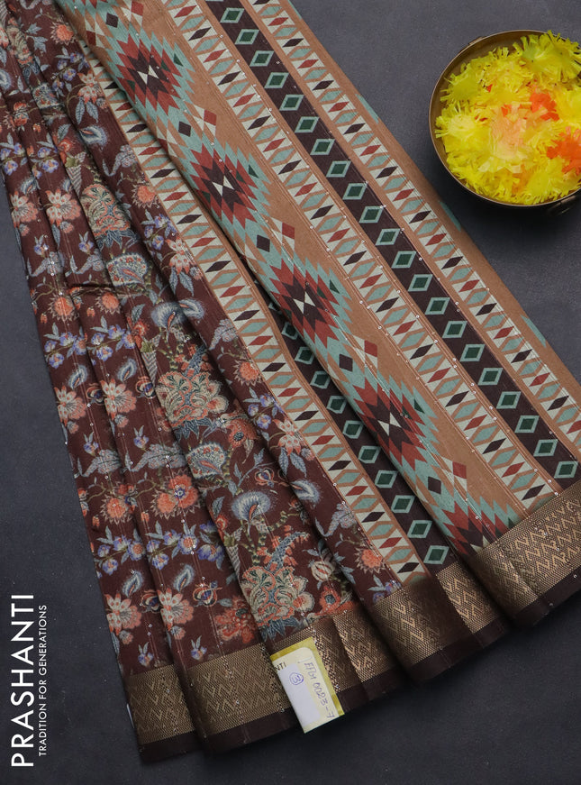 Semi tussar saree brown with allover kalamkari prints & sequin work and zari woven border