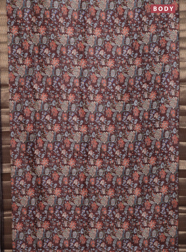 Semi tussar saree brown with allover kalamkari prints & sequin work and zari woven border