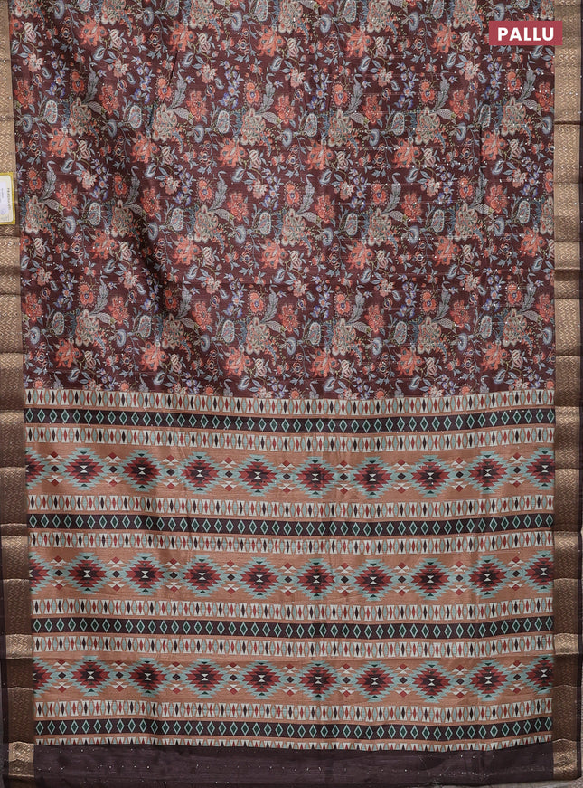 Semi tussar saree brown with allover kalamkari prints & sequin work and zari woven border
