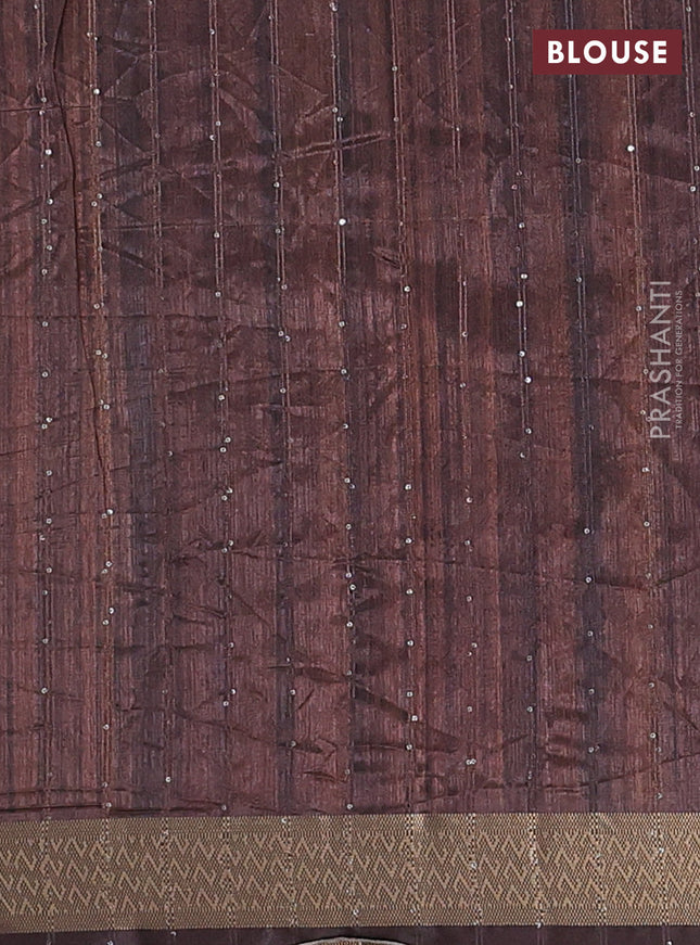 Semi tussar saree brown with allover kalamkari prints & sequin work and zari woven border