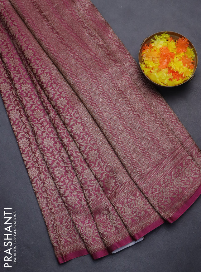 Banarasi semi crepe saree dark magenta pink with allover thread & zari woven brocade weaves and woven border