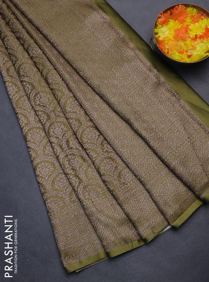 Banarasi semi crepe saree mehendi green with allover thread & zari woven brocade weaves and woven border
