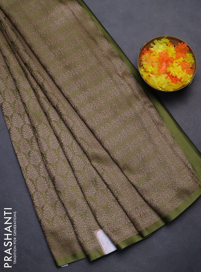 Banarasi semi crepe saree mehendi green with allover thread & zari woven brocade weaves and woven border