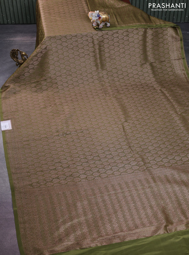 Banarasi semi crepe saree mehendi green with allover thread & zari woven brocade weaves and woven border