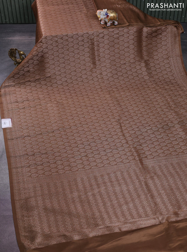 Banarasi semi crepe saree brown with allover thread & zari woven brocade weaves and woven border