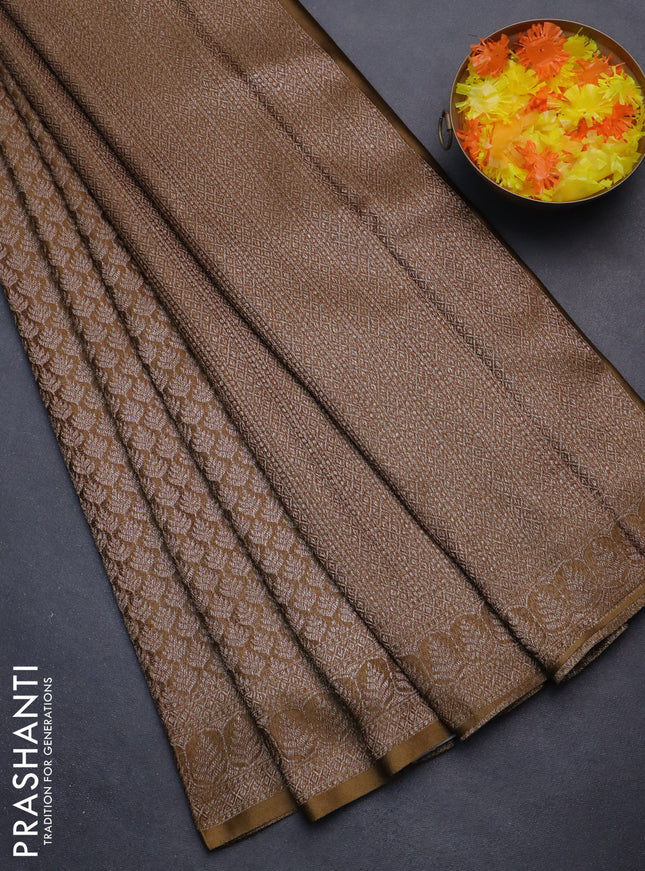 Banarasi semi crepe saree dark mehendi green with allover thread & zari woven brocade weaves and woven border