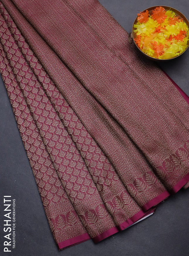 Banarasi semi crepe saree dark magenta pink with allover thread & zari woven brocade weaves and woven border