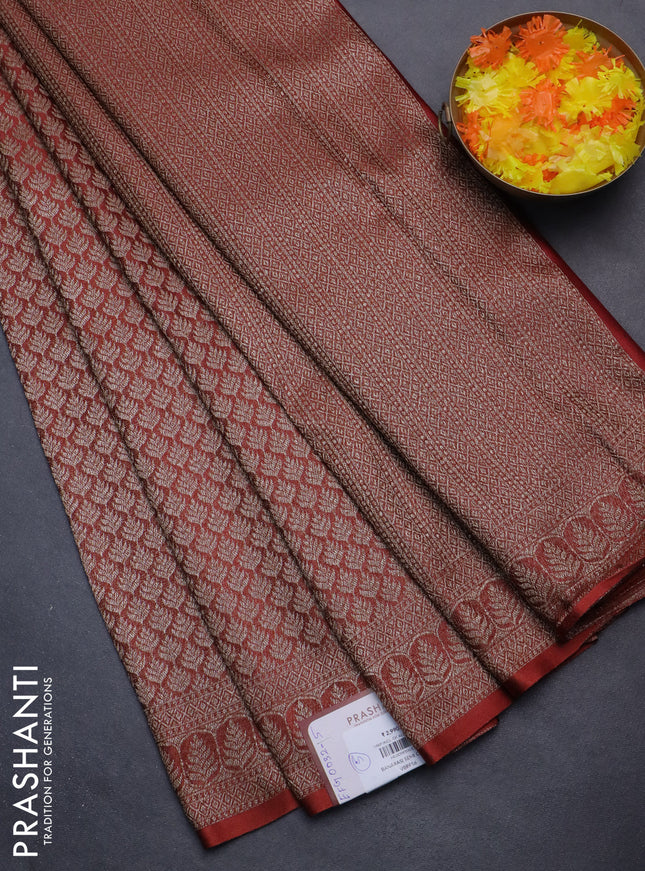 Banarasi semi crepe saree brown with allover thread & zari woven brocade weaves and woven border