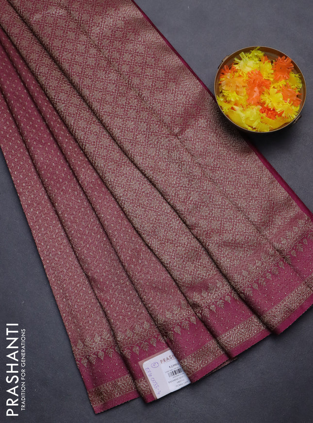 Banarasi semi crepe saree dark magenta pink with allover thread & zari woven butta weaves and woven border