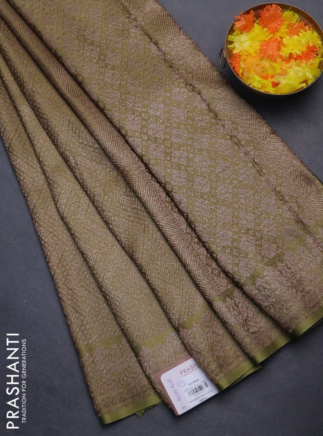 Banarasi semi crepe saree mehendi green with allover thread & zari woven brocade weaves and woven border