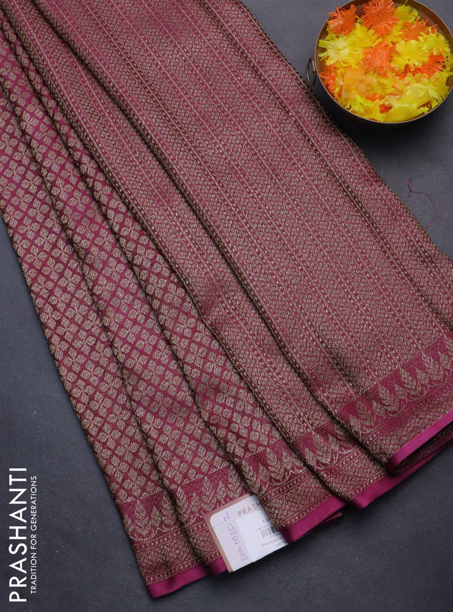 Banarasi semi crepe saree dark magenta pink with allover thread & zari woven brocade weaves and woven border
