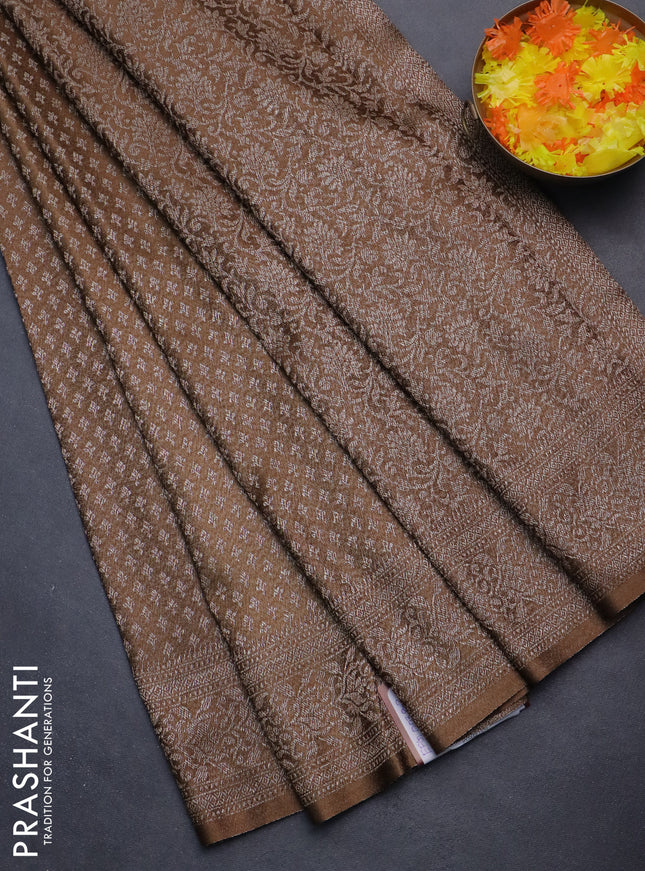 Banarasi semi crepe saree brown with allover thread & zari woven brocade weaves and woven border