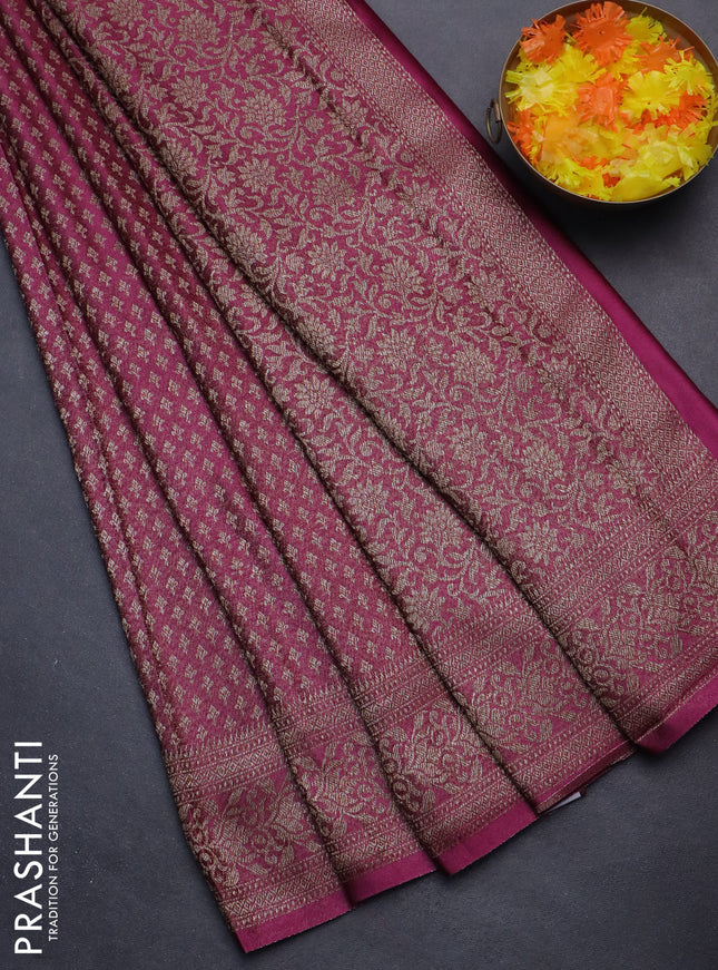 Banarasi semi crepe saree dark magenta pink with allover thread & zari woven brocade weaves and woven border