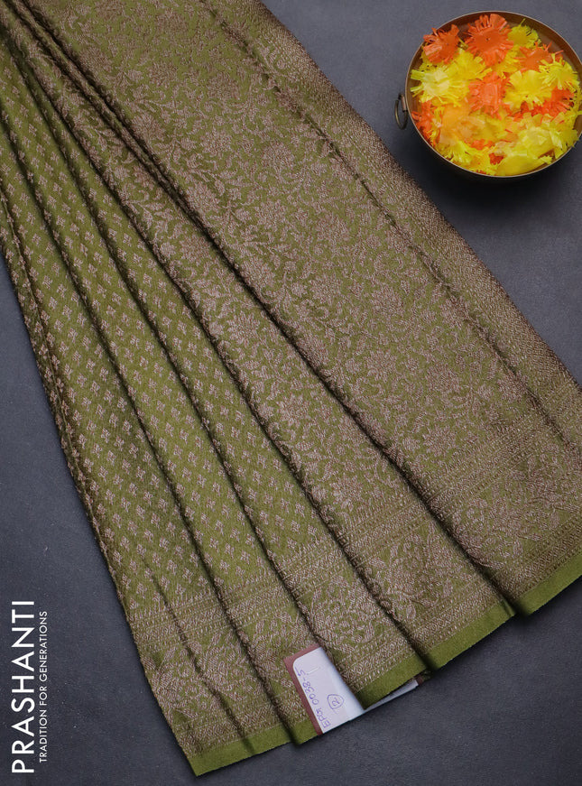 Banarasi semi crepe saree mehendi green with allover thread & zari woven brocade weaves and woven border