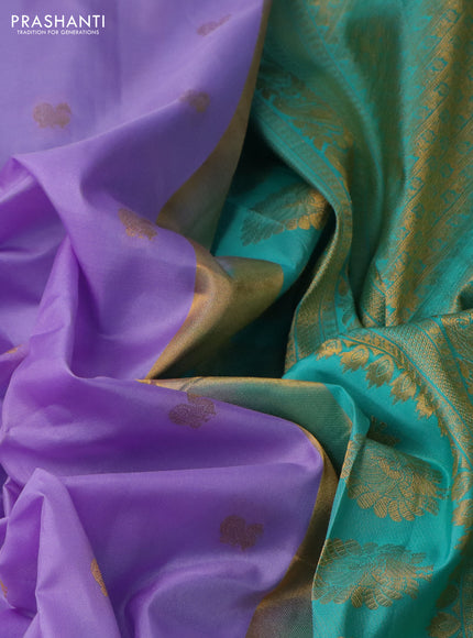 Pure gadwal silk saree lavender and teal blue with annam zari woven buttas and temple design zari woven border