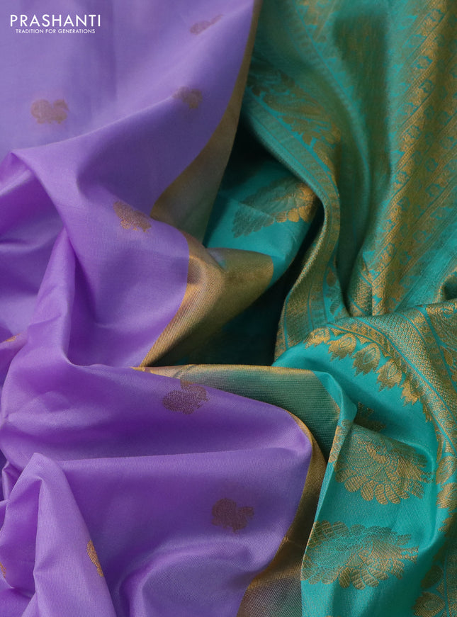 Pure gadwal silk saree lavender and teal blue with annam zari woven buttas and temple design zari woven border