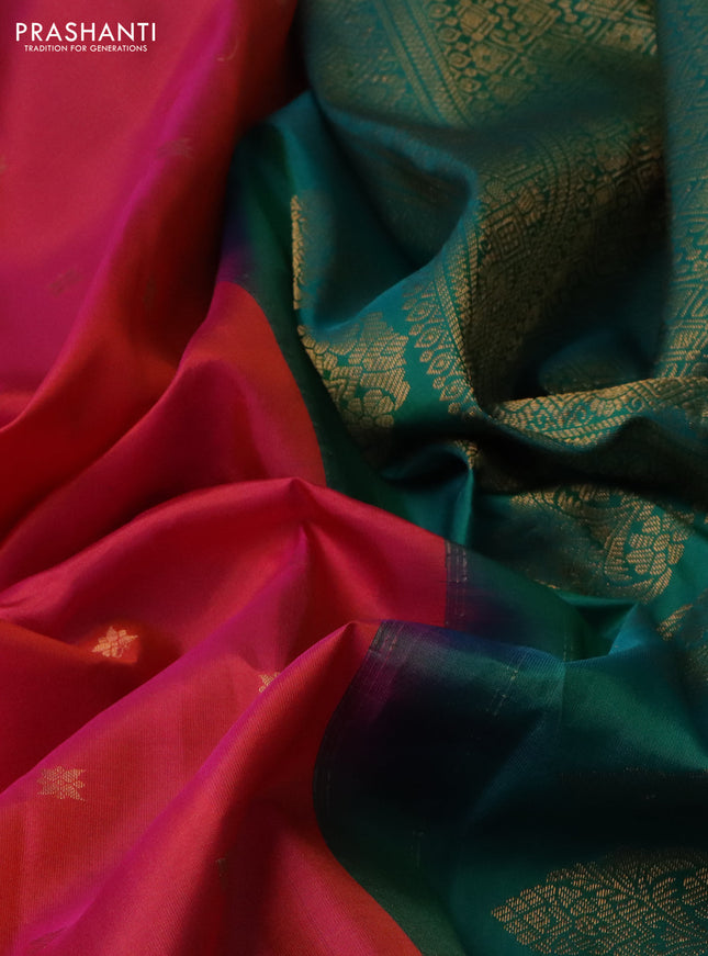 Pure gadwal silk saree pink and teal green with allover zari woven buttas and temple design zari woven border