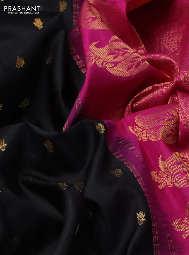 Pure gadwal silk saree black and magenta pink with allover zari woven buttas and temple design zari woven border