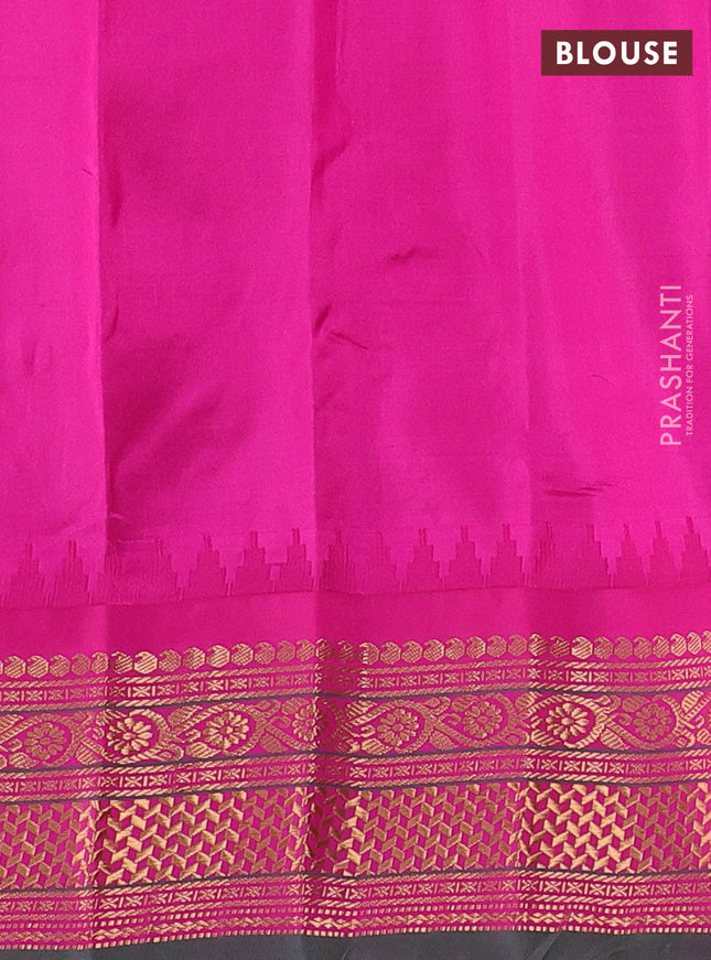Pure gadwal silk saree black and magenta pink with allover zari woven buttas and temple design zari woven border
