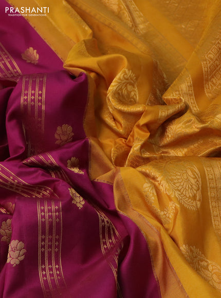 Pure gadwal silk saree dark magenta pink and mustard yellow with allover zari weaves & Buttas and rich floral zari woven korvai border