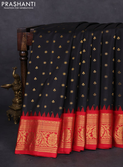 Pure gadwal silk saree black and red with allover zari woven buttas and temple design zari woven border