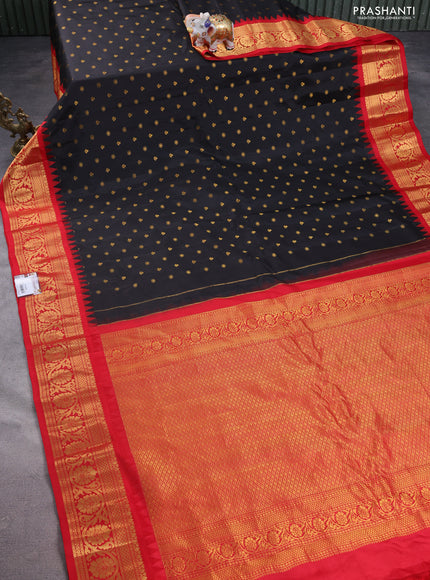 Pure gadwal silk saree black and red with allover zari woven buttas and temple design zari woven border