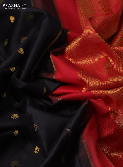 Pure gadwal silk saree black and red with allover zari woven buttas and temple design zari woven border
