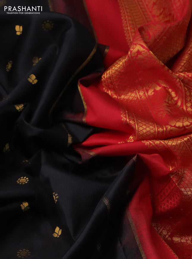 Pure gadwal silk saree black and red with allover zari woven buttas and temple design zari woven border