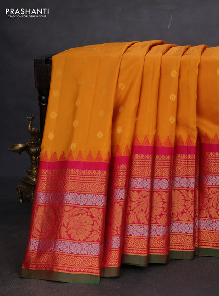 Pure gadwal silk saree mustard yellow and pink with zari woven buttas and temple design long zari woven border