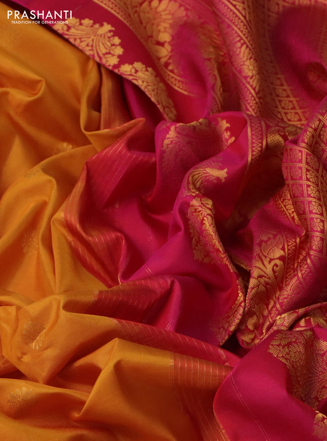 Pure gadwal silk saree mustard yellow and pink with zari woven buttas and temple design long zari woven border
