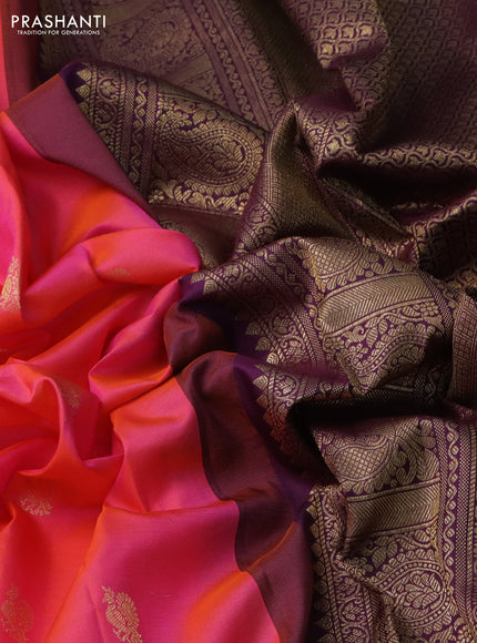 Pure gadwal silk saree dual shade of pinkish orange and deep purple with annam zari woven buttas and temple design zari woven annam border