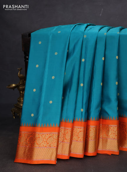 Pure gadwal silk saree teal blue and orange with zari woven buttas and temple design zari woven border