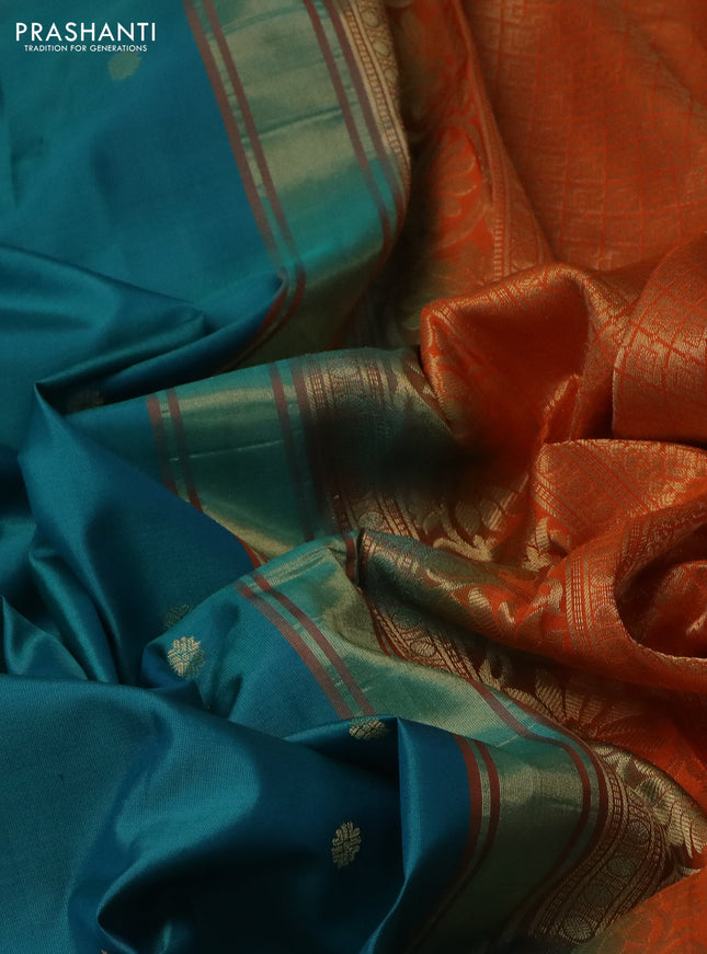 Pure gadwal silk saree teal blue and orange with zari woven buttas and temple design zari woven border