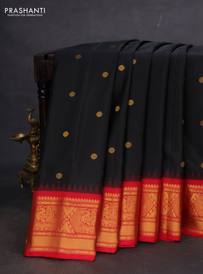 Pure gadwal silk saree black and red with zari woven buttas and temple design zari woven border