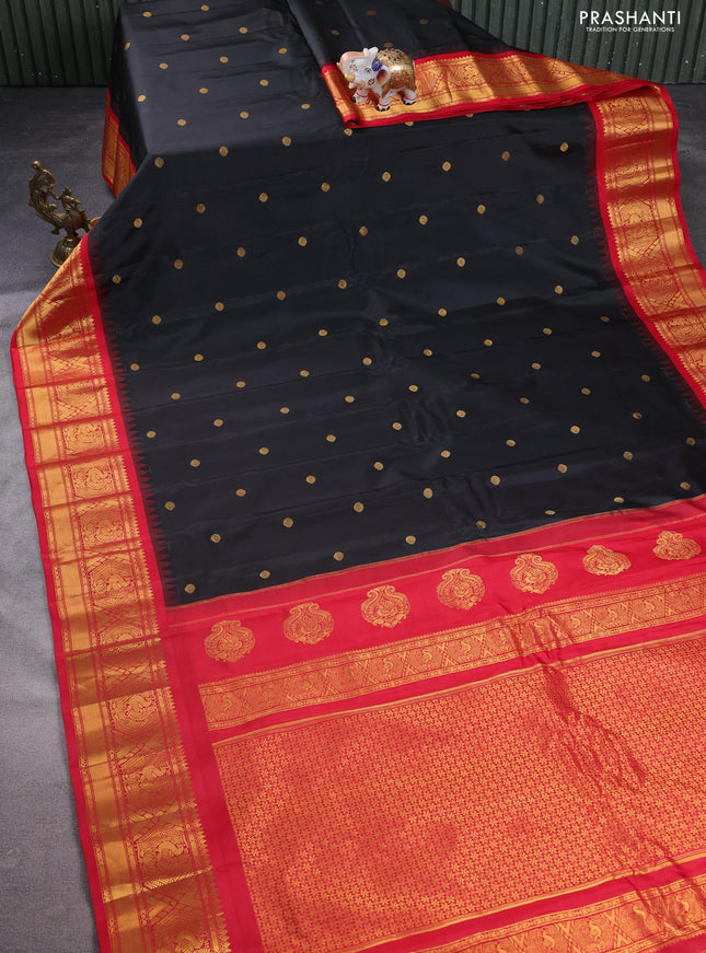 Pure gadwal silk saree black and red with zari woven buttas and temple design zari woven border