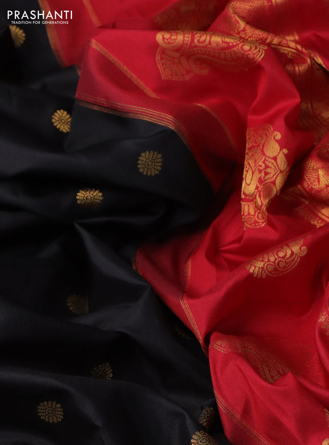 Pure gadwal silk saree black and red with zari woven buttas and temple design zari woven border