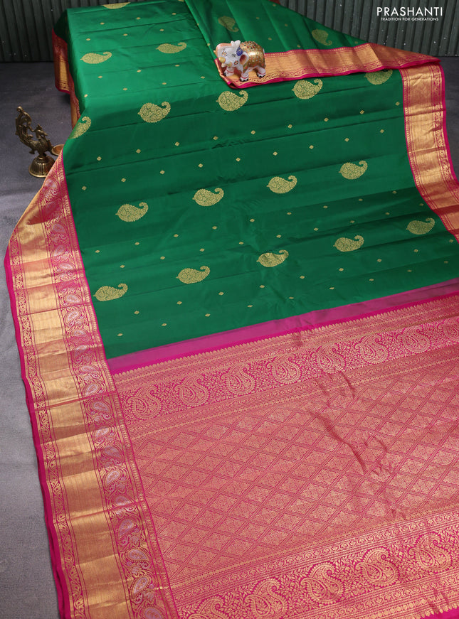 Pure gadwal silk saree green and pink with zari woven buttas and long rich zari woven korvai border